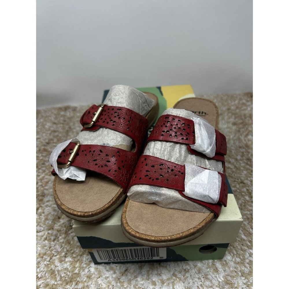 Earth Perforated Leather Slide Sandals- Sand Antigua Bright Red Size 7 M - Picture 2 of 6